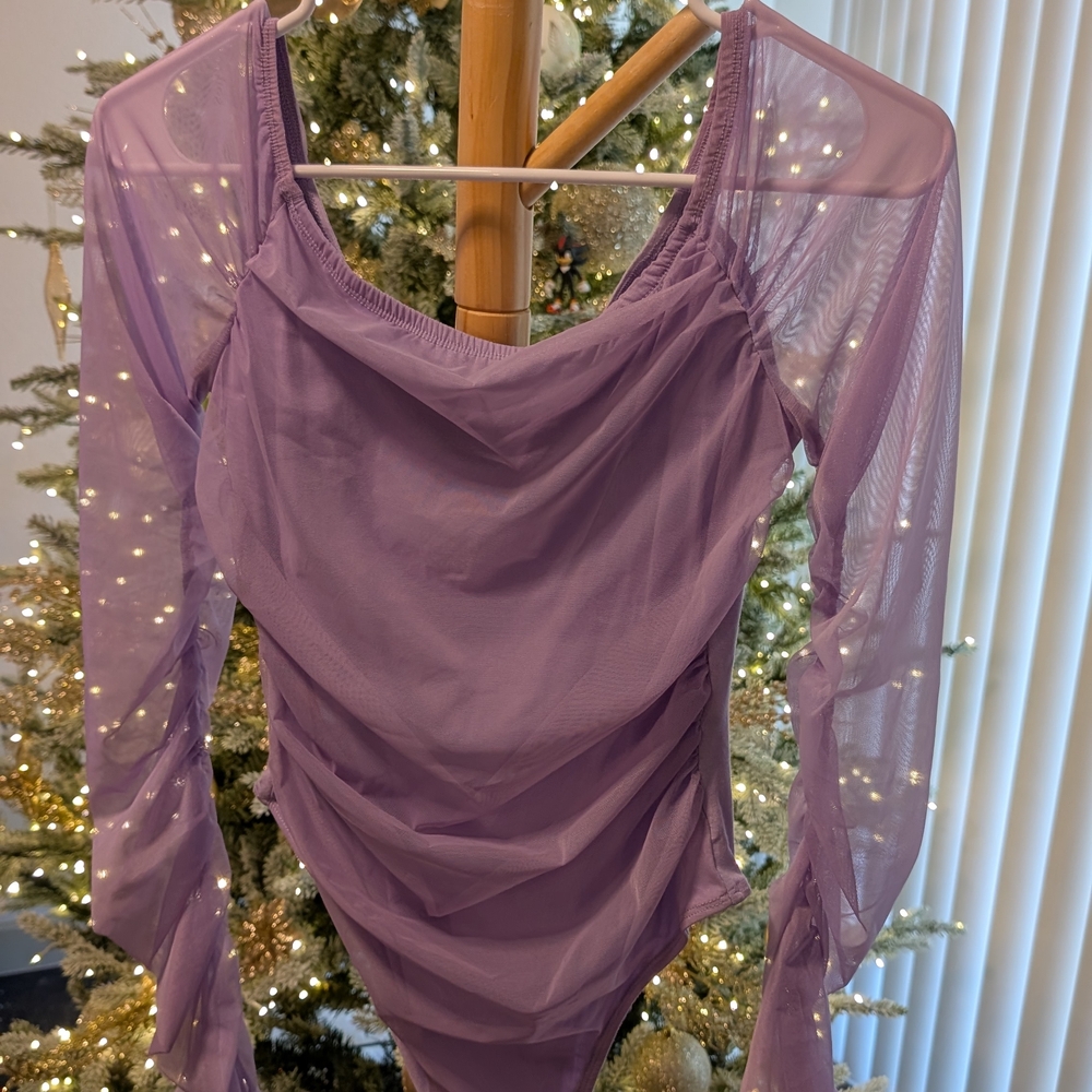 Women's Sheer Ruching Sleeves/ Purple Bodysuit